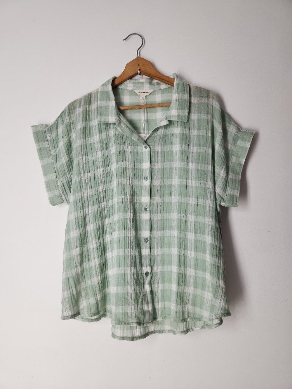 Lucky Brand cotton gauze short-sleeve button-up Shirt top green plaid  sz L NWT